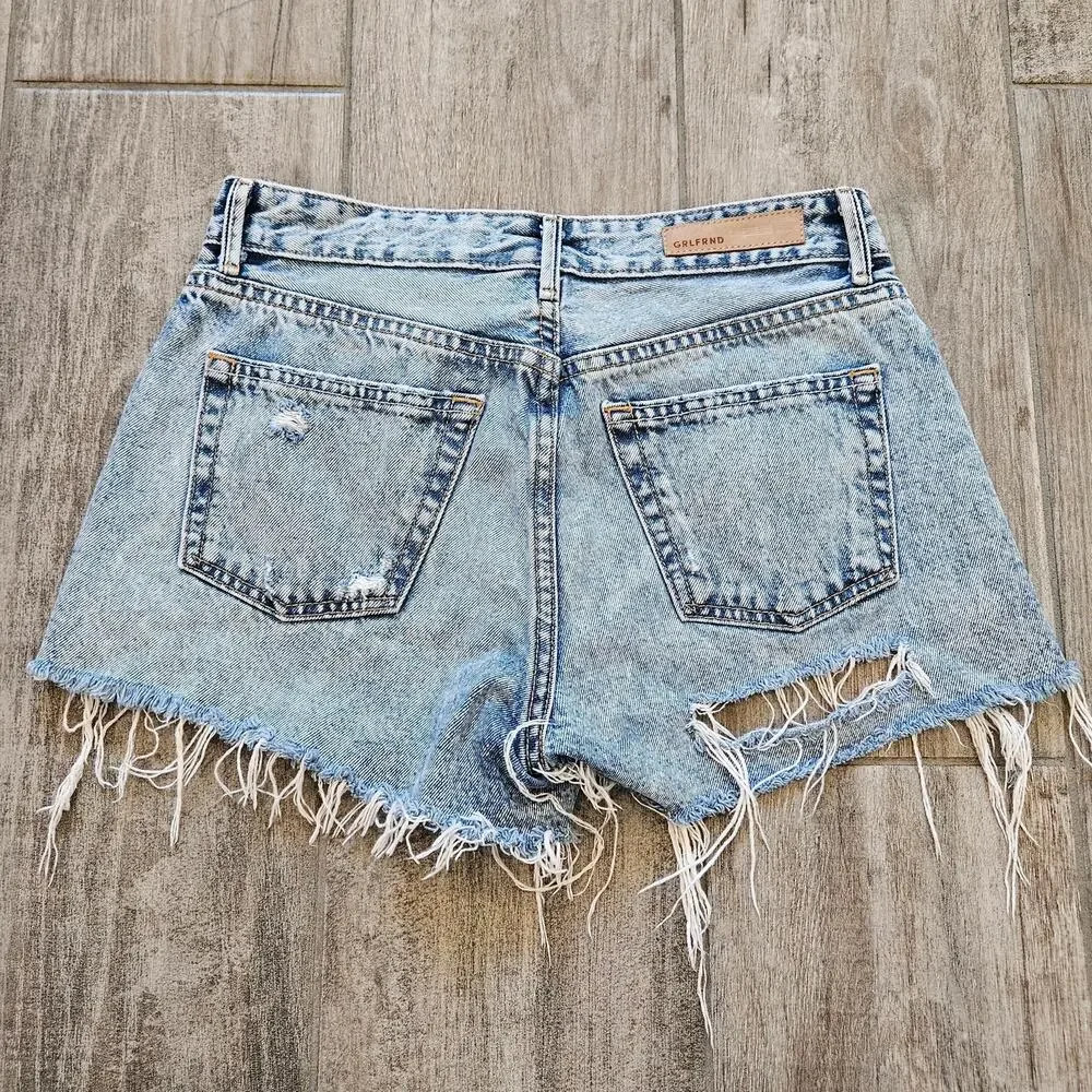 GRLFRND Helena High-Rise Distressed‎ Cut-Off Denim Shorts Women’s 25 Light Wash
